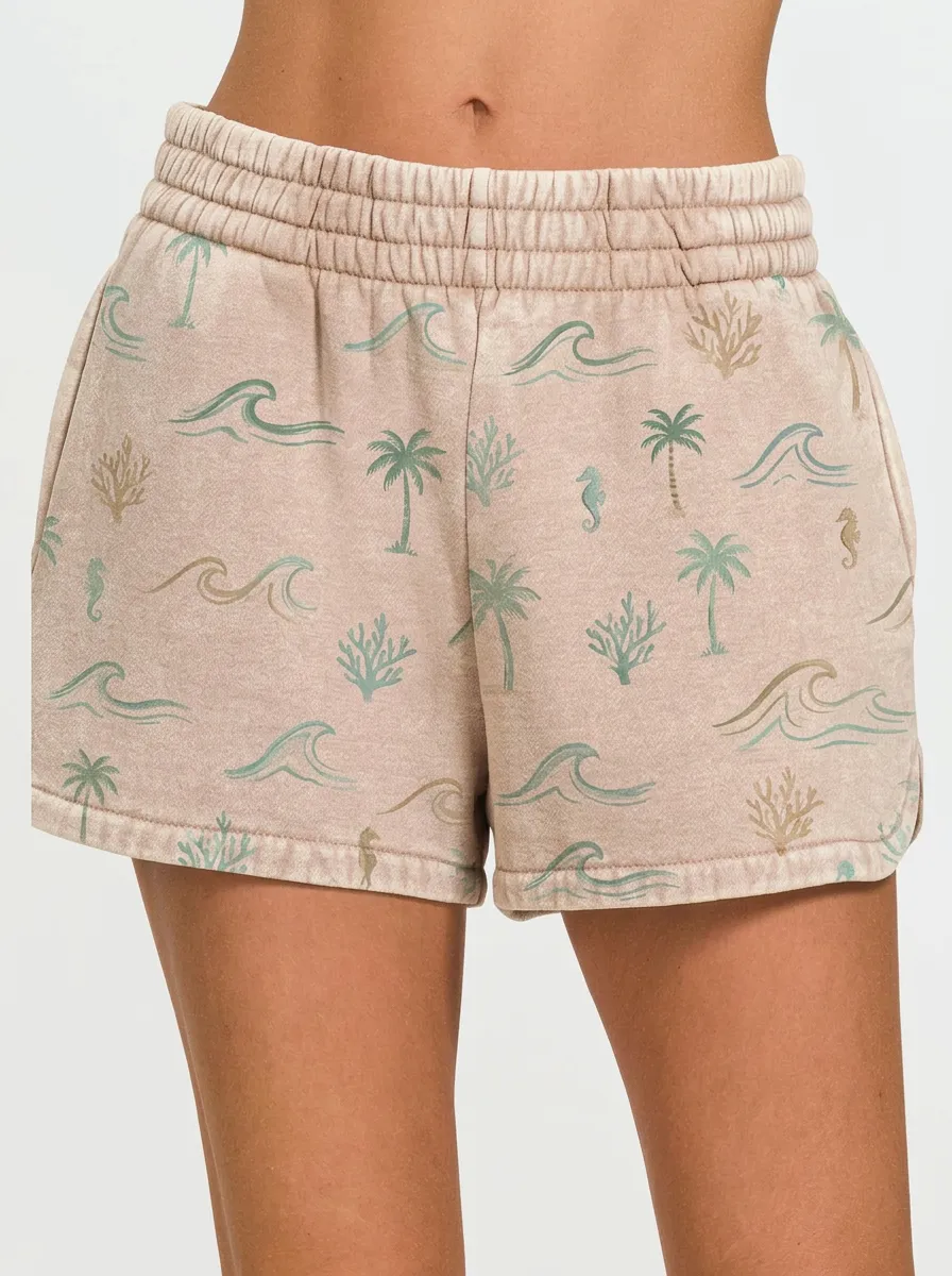 Women's Coastal Tropical Wave Palm Tree Graphic Shorts
