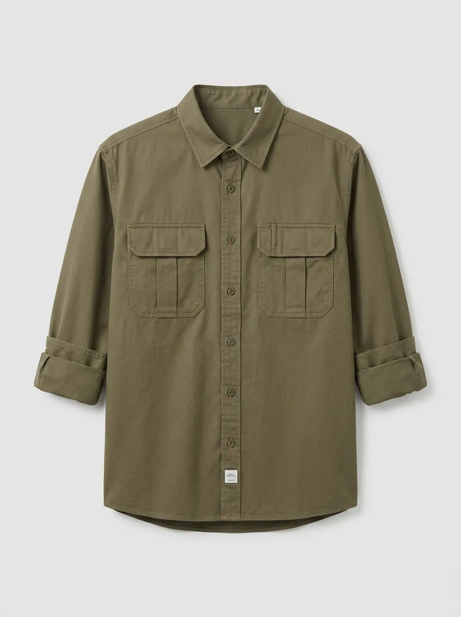 Men's Olive Utility Button-Down Shirt - Design I