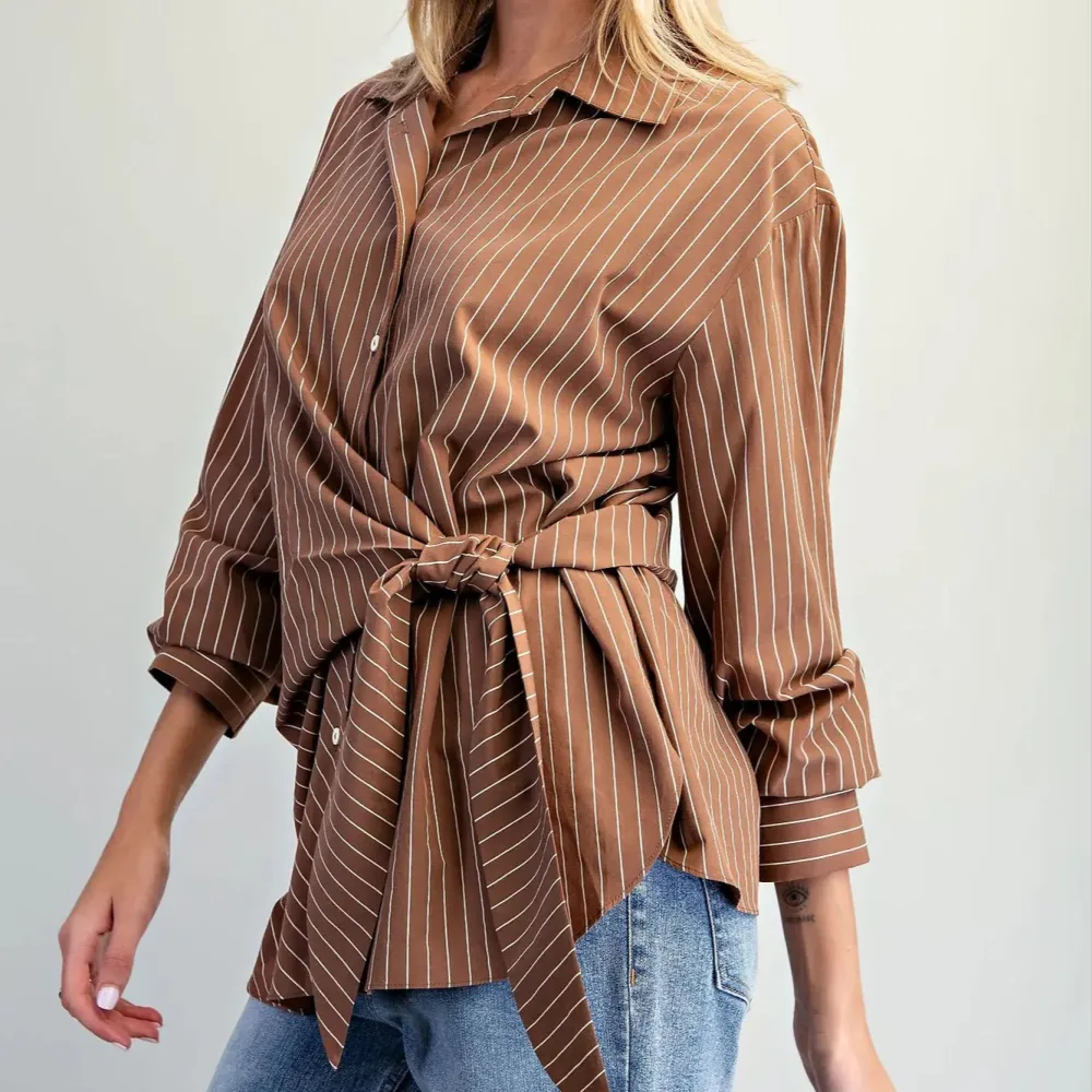 Pinstriped Tie Waist Blouse