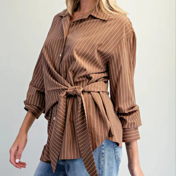 Pinstriped Tie Waist Blouse