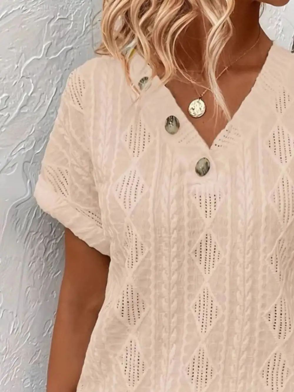 Textured V-Neck Short Sleeve Top