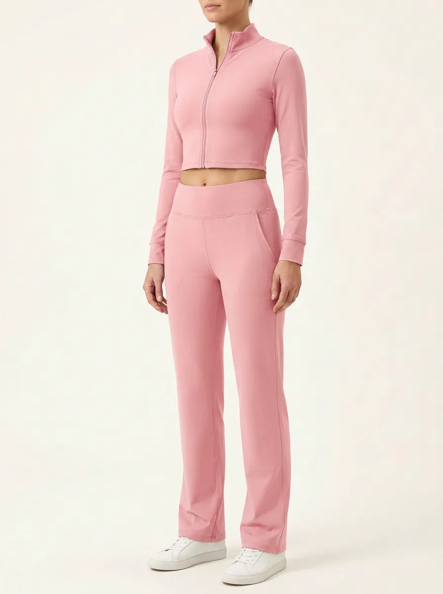 Women's Mock-Neck Zip-Up Cropped Jacket and High-Rise Straight-Leg Pant Set