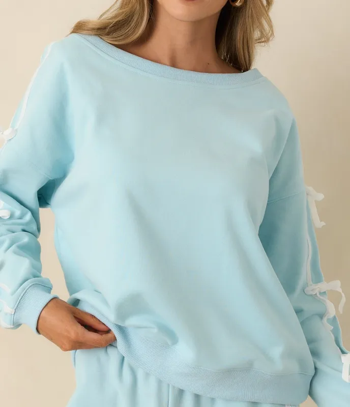 Aqua Tie-Detail Scoop Neck Sweatshirt