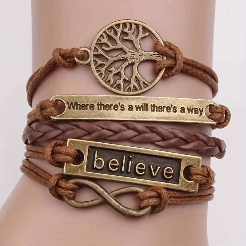 Men's Handmade Leather Rope Bracelet Tree Of Life Tags