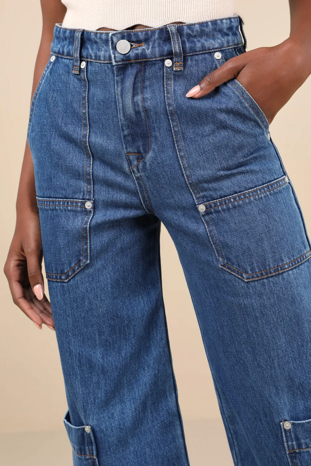 Daily Medium Wash Cotton Denim High-Rise Wide-Leg Cargo Jeans