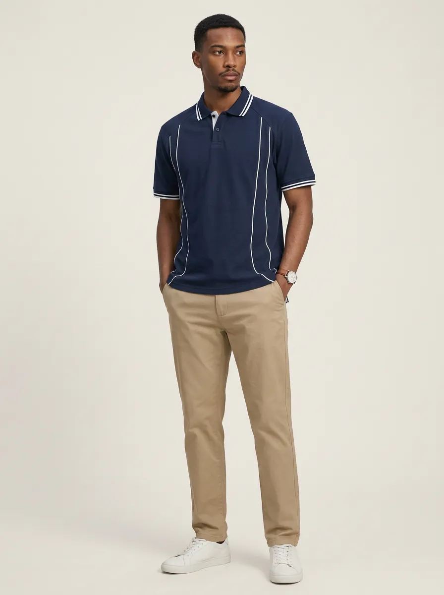 Men's Navy Blue White Piping Striped Printed Polo Shirt