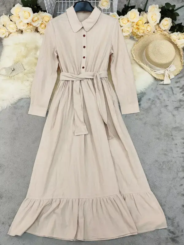 Tie Waist Ruffle Long Sleeve Dress Casual