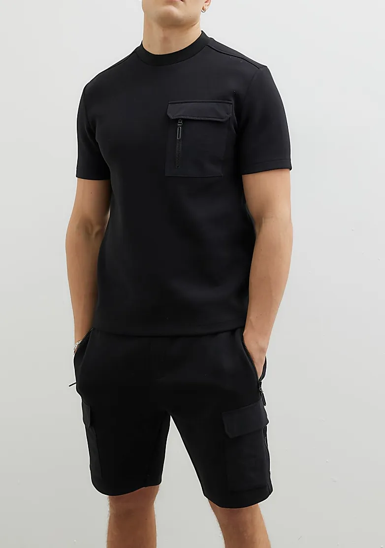 Men's Black Slim Fit Pocket Shorts with Elastic Waist