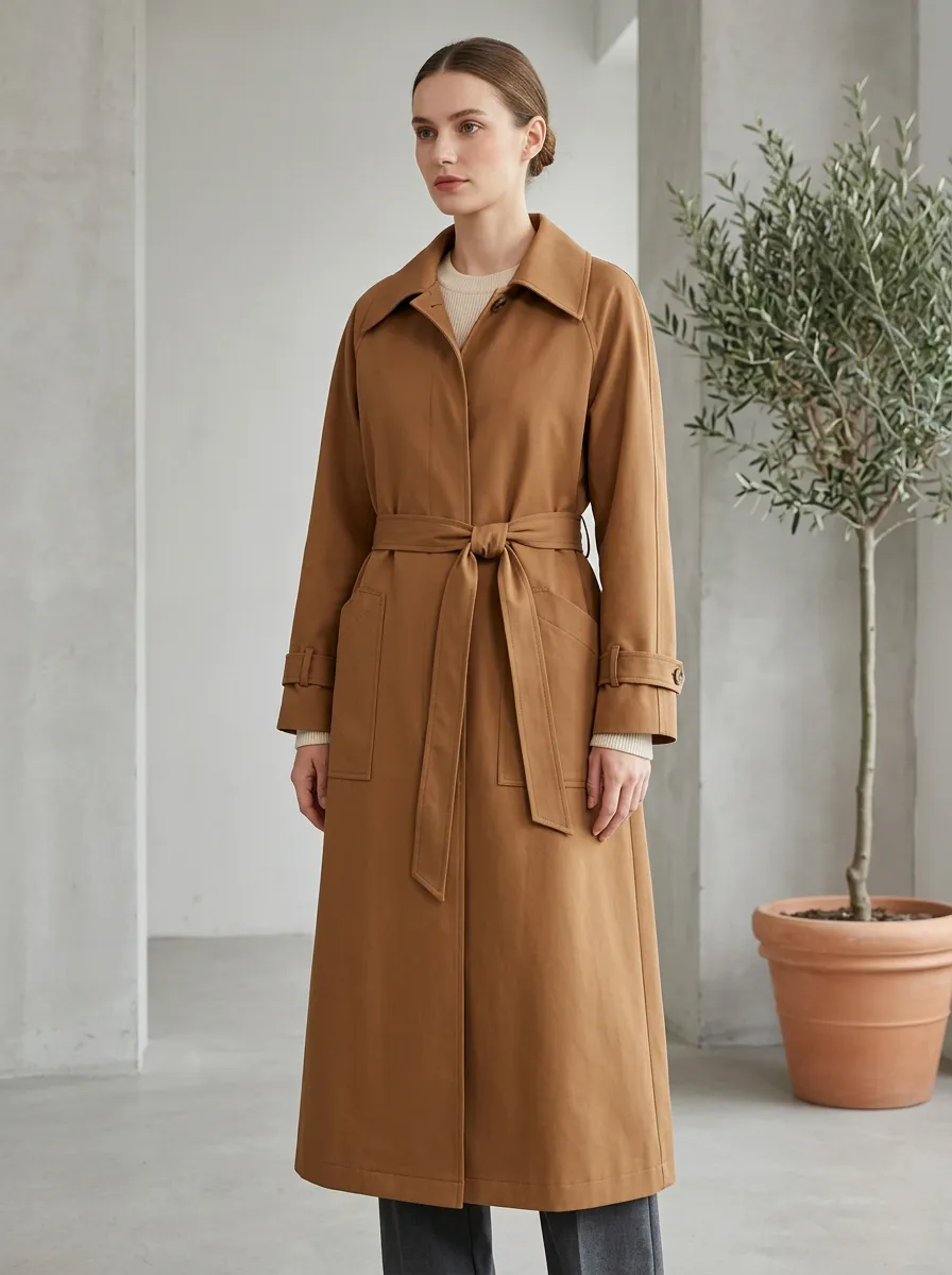 Women's Tailored Belted Minimalist Long Trench Coat