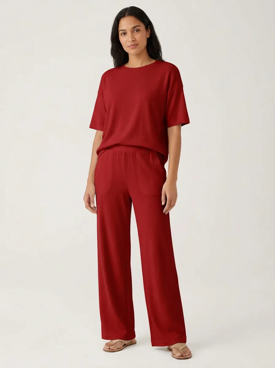 Women's Ribbed Drop-Shoulder Top And Patch-Pocket Wide-Leg Trouser Lounge Set