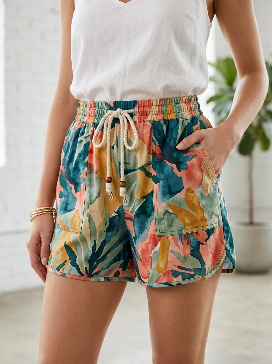 Women's Summer Casual Tropical Leaf Watercolor Printed Shorts