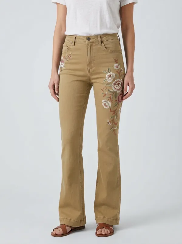 Women's Vintage Medium Wash Floral Embroidery High-Rise Flare Jeans
