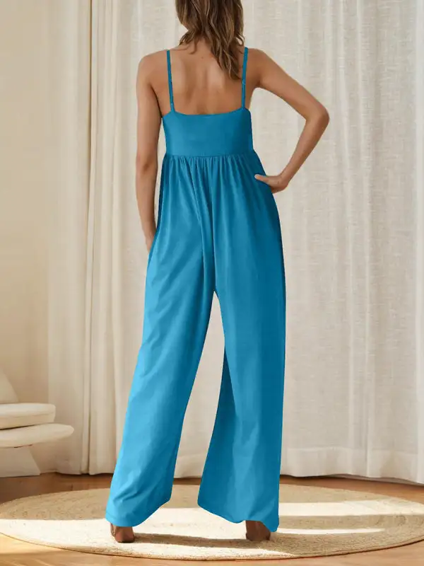 Casual Suspender Sleeveless Square Neck Wide Jumpsuit