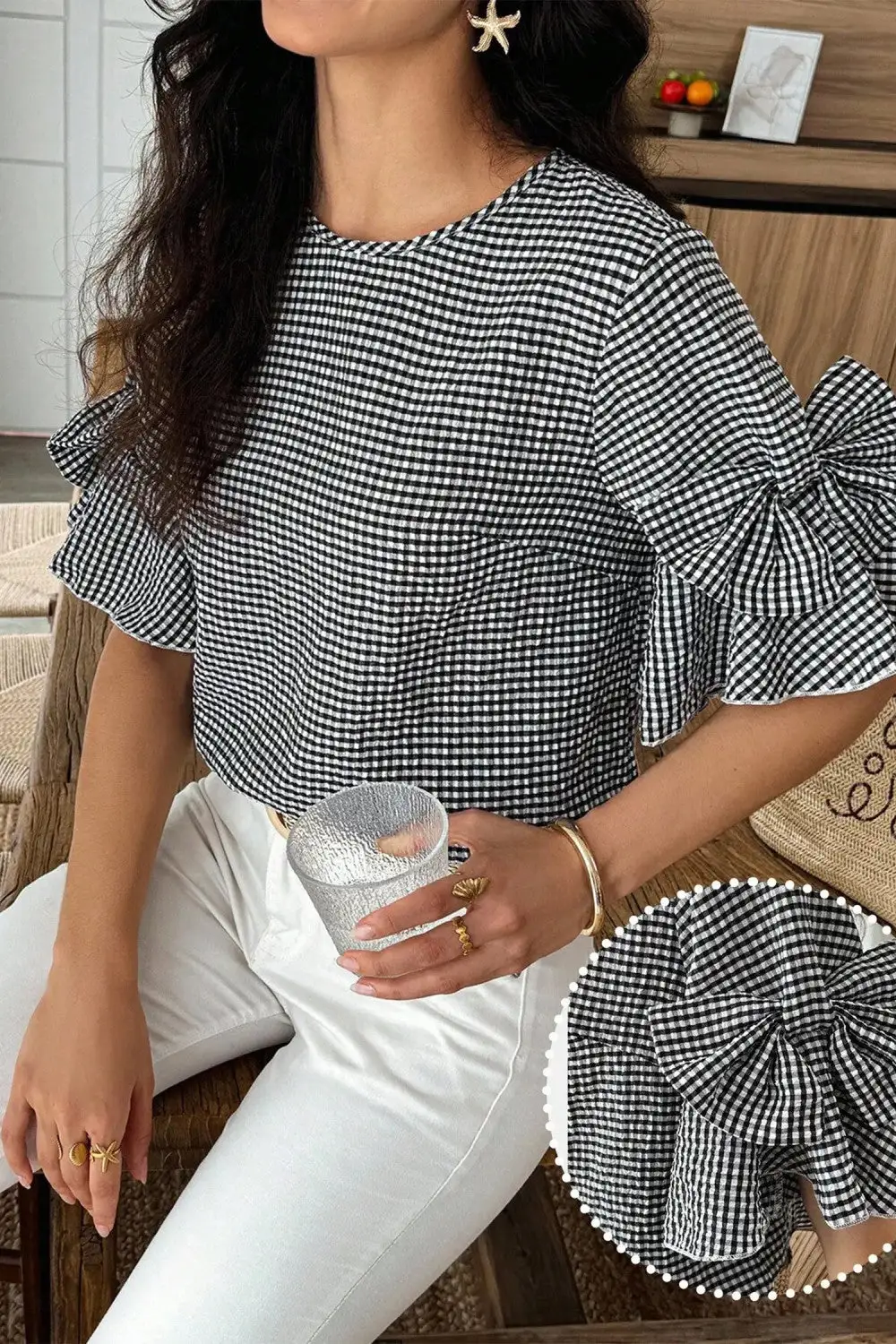 Plaid Bow Ruffled Sleeve Blouse