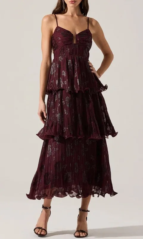Burgundy Floral Pleated Tiered Maxi Dress