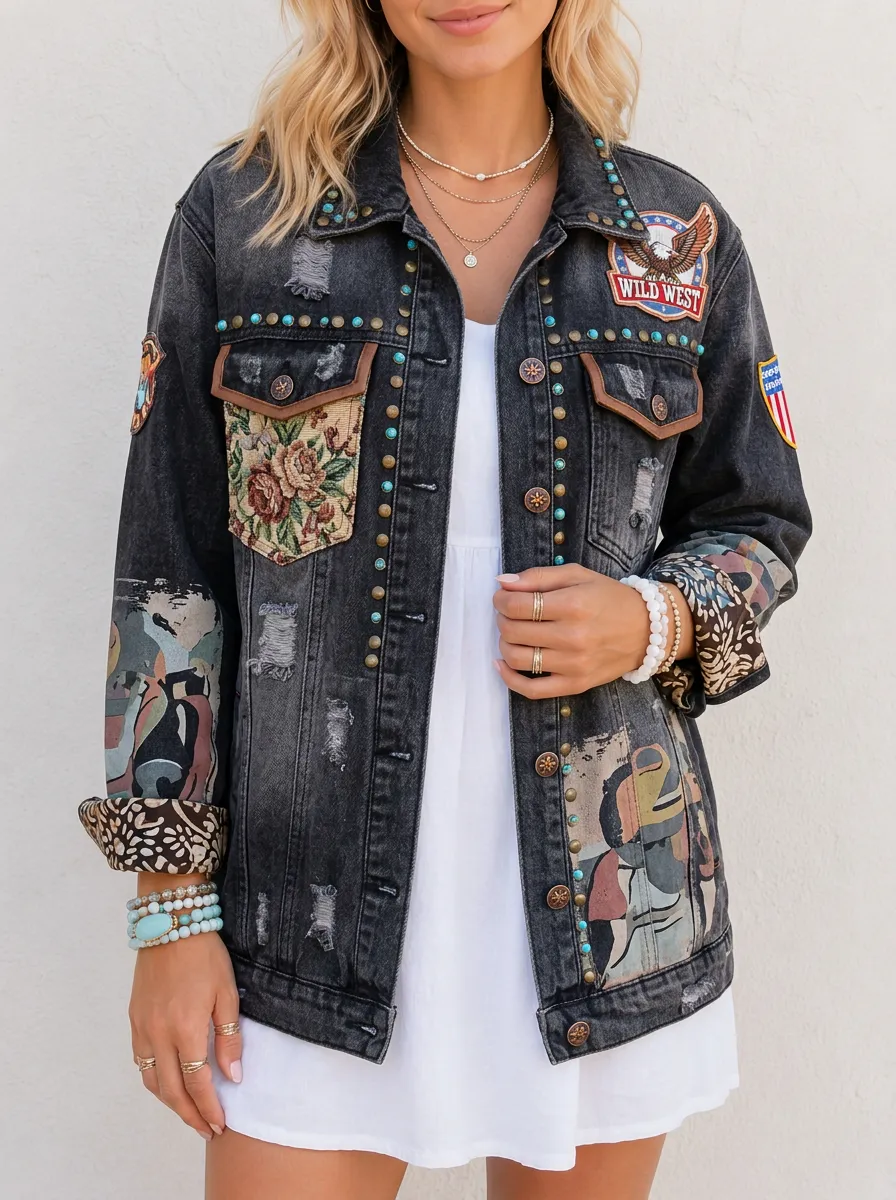 Women's Wild West Eagle Floral Patchwork Studded Printed Denim Jacket