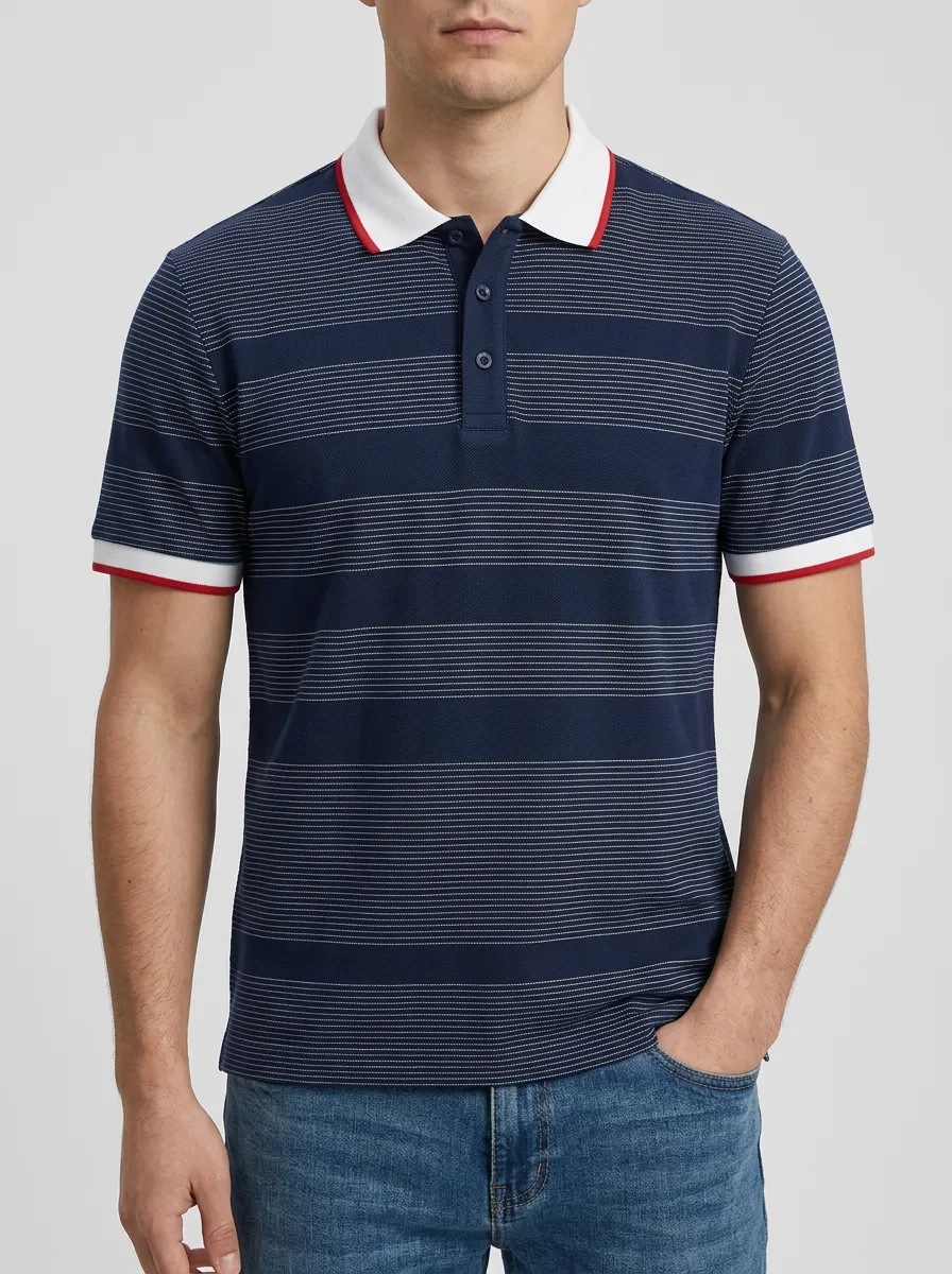 Men's Casual Style Navy Blue Horizontal Striped Printed Polo Shirt