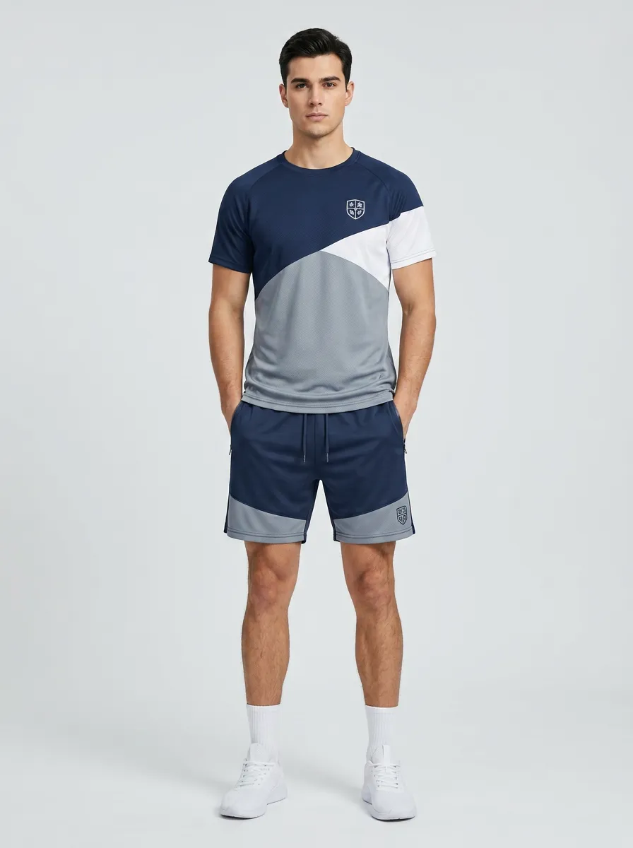 Men's Sporty Colorblock Shield Printed Athletic Set