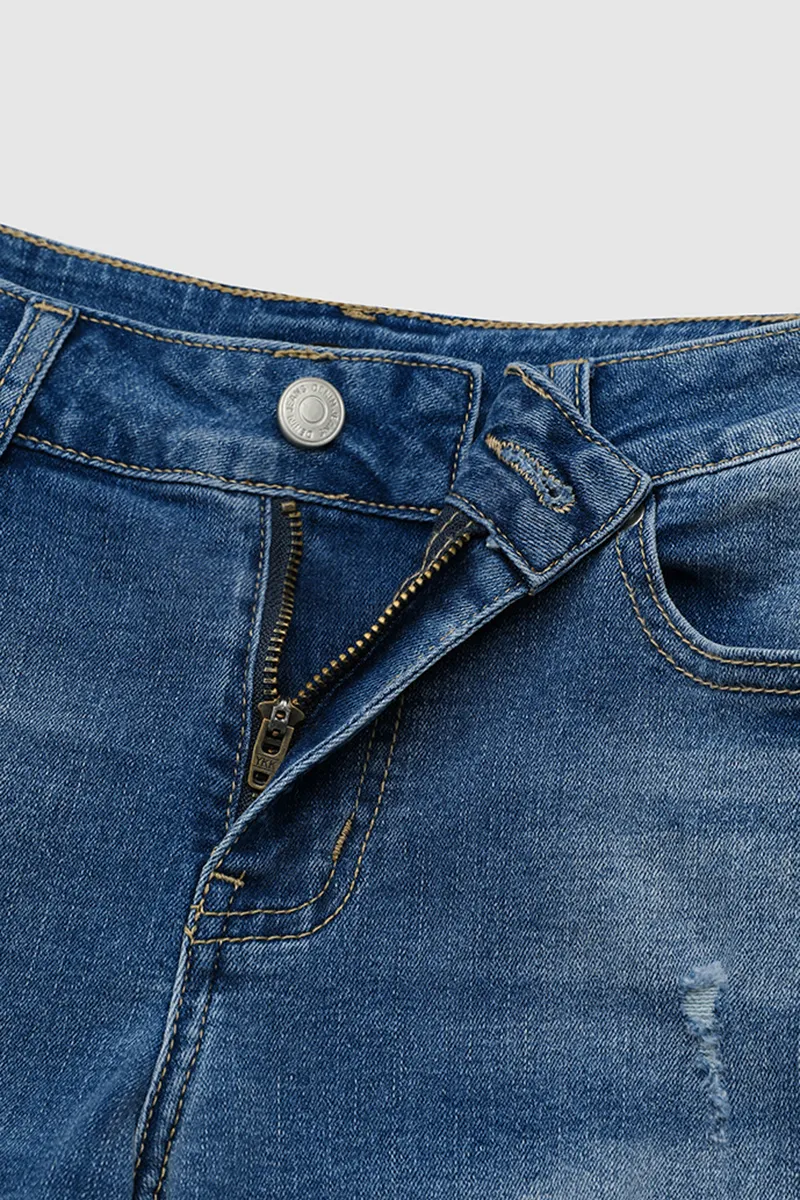 Ripped Lwo Waist Denim Bermuda Shorts