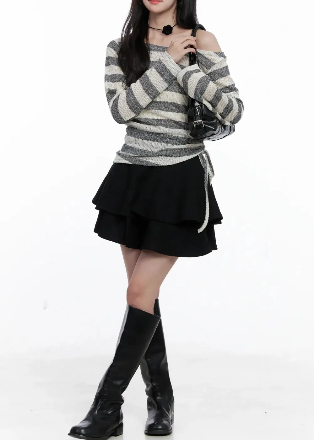 Striped Ruched Wide Neck Top