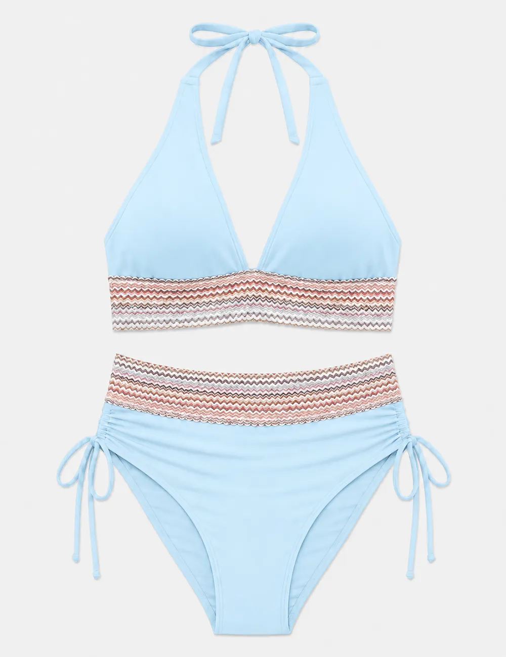 Deep V Neck Colorful Zigzag Smocked Trim Bikini Set