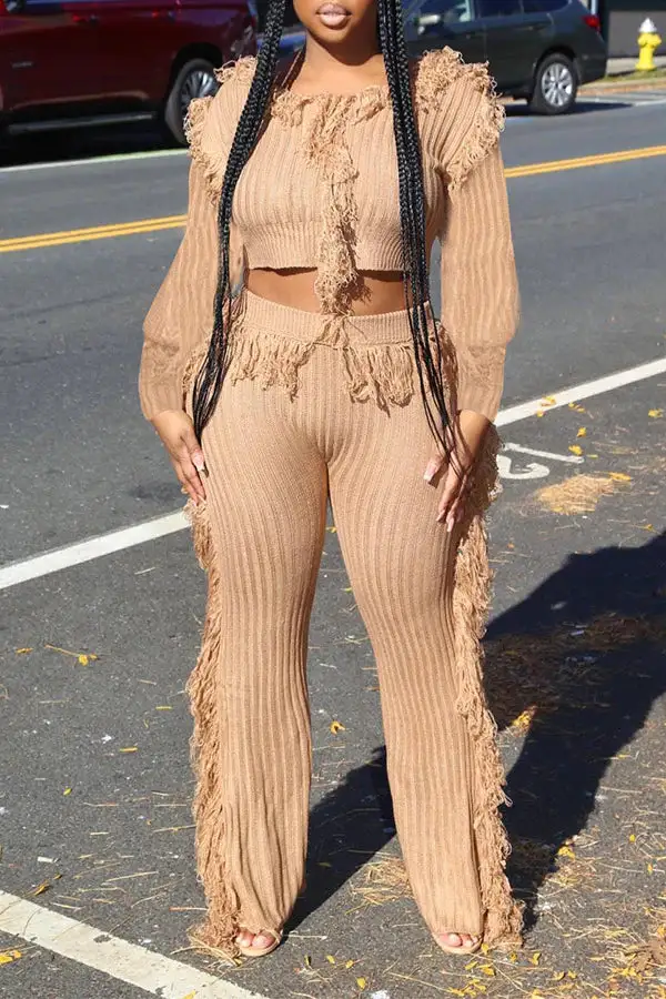 Solid Color Tassel Round Neck Pant Set