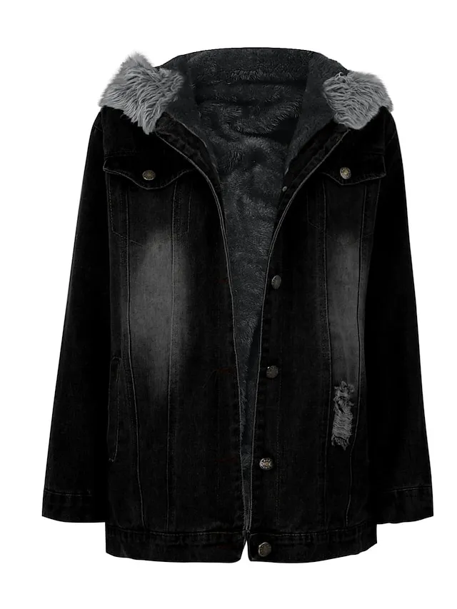 Women's Denim Jacket Hoodie Jacket Daily Fall Winter Regular Coat Loose Fit Streetwear Jacket Long Sleeve Pocket Black Blue Grey
