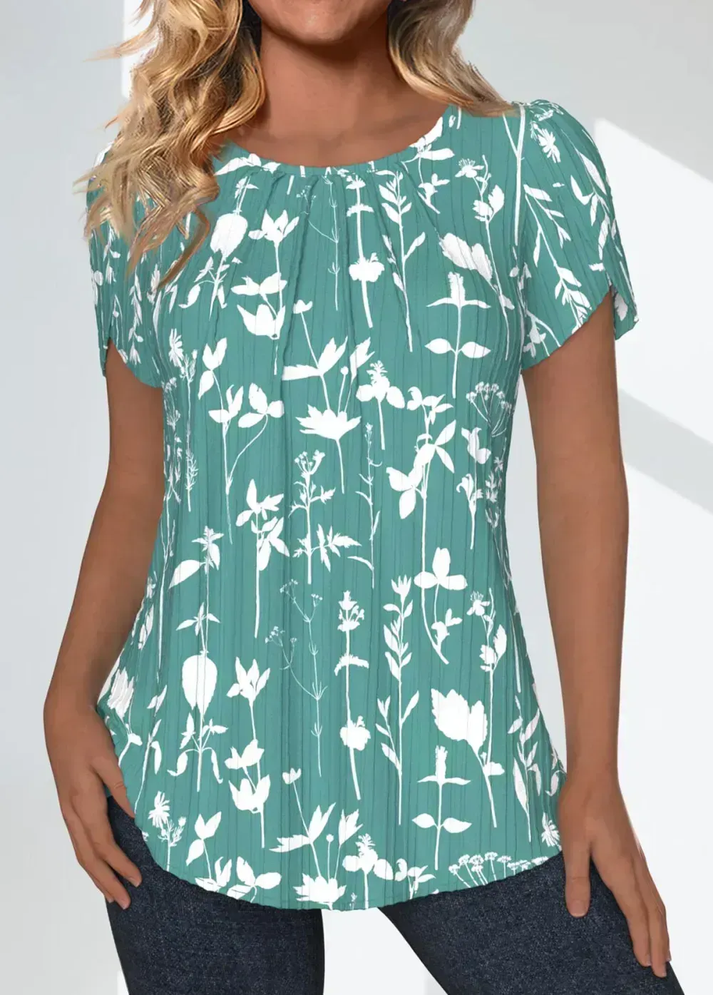 Green Tuck Stitch Floral Print Short Sleeve Blouse