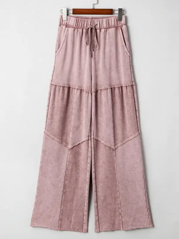Wide Leg Drawstring Patchwork Mineral Wash Pants