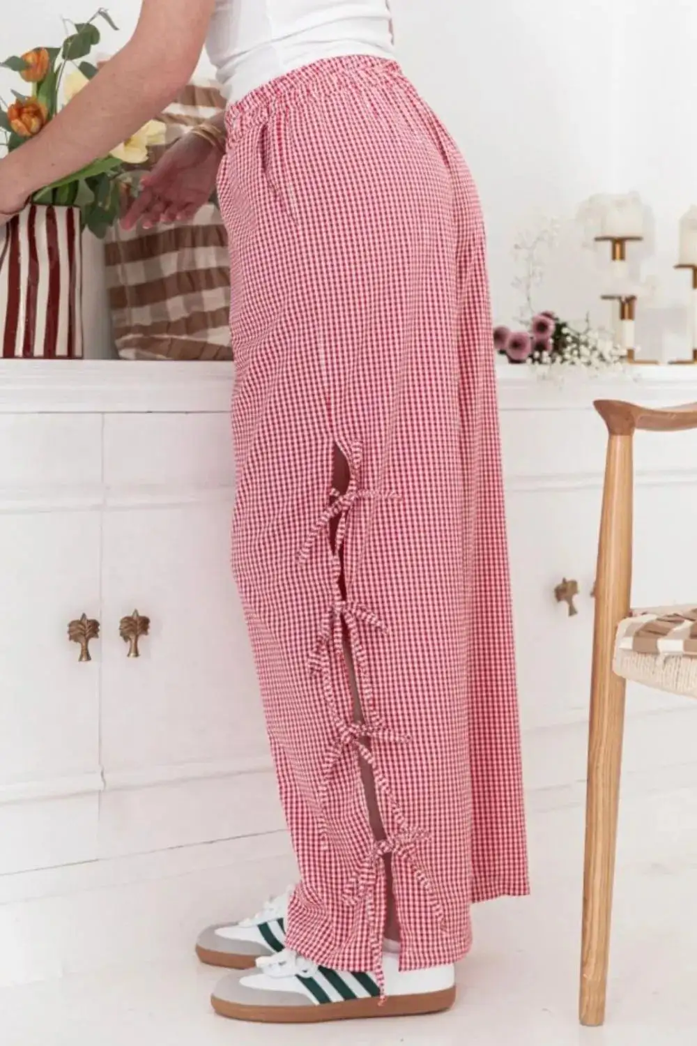 Tie Waist Pocketed Side Tie Slit Detail Pants