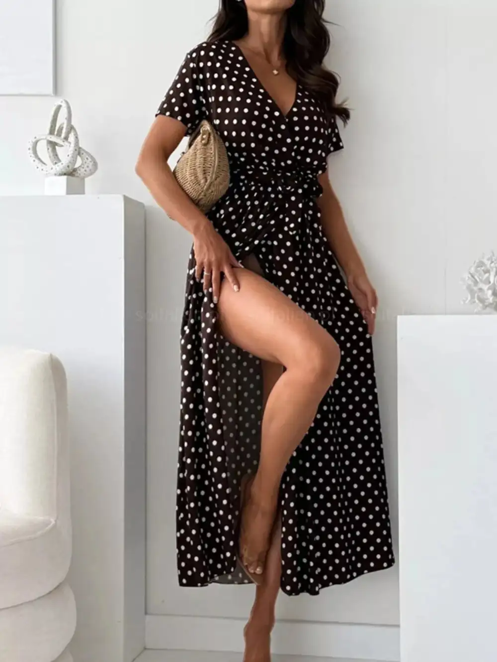 Polka Dot Surplice Maxi Dress With Slit