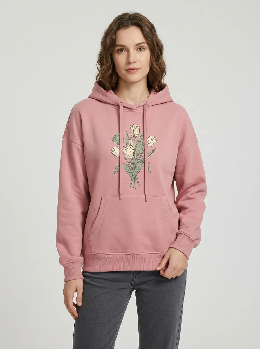 Women's Hooded Drawstring Graphic Floral-Motif Ribbed Hoodie