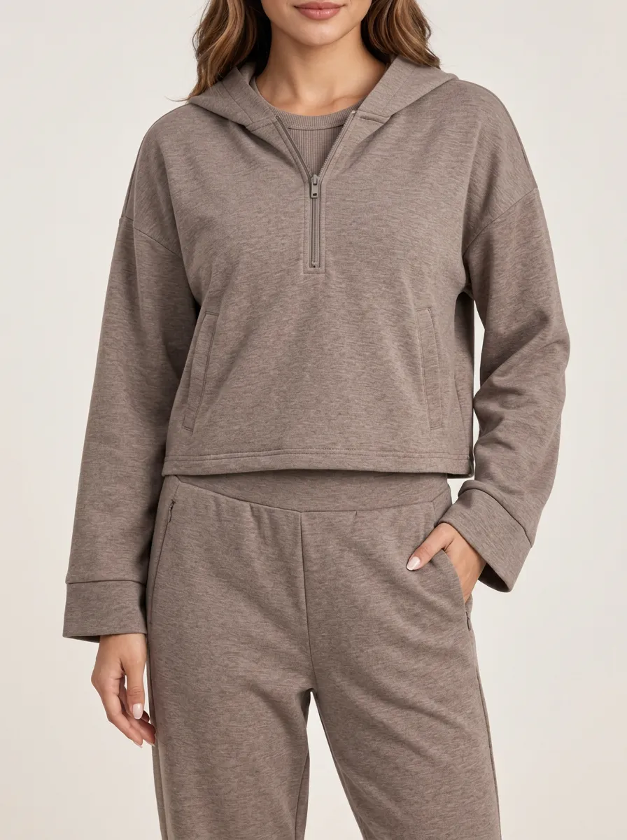 Leisure Ready Hooded Zip Front Cropped Women's Long Sleeve Zip Two Piece Set
