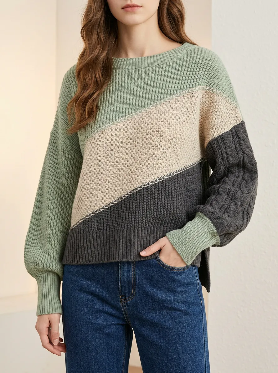 Understated Round Neck Knit with Diagonal Stripe and Cable Knit Texture