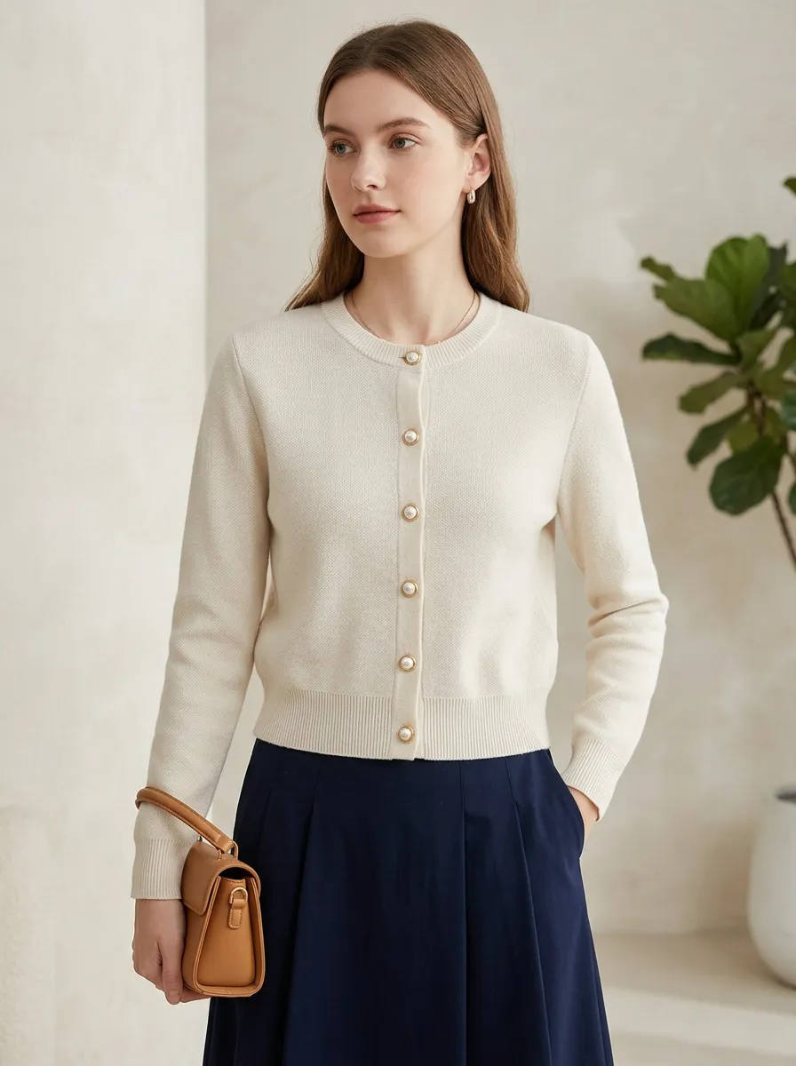 Women's Minimalist Pearl Button Solid Knit Cardigan