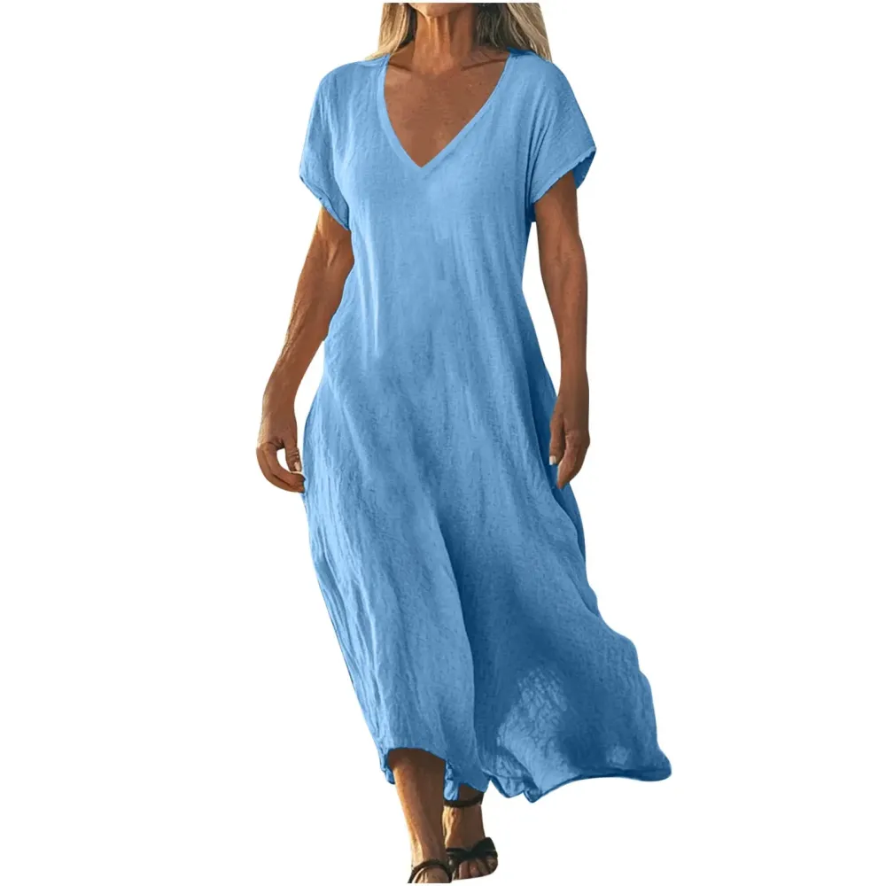 V-Neck Linen Blend Cotton Blend Maxi Soft Drape Dress