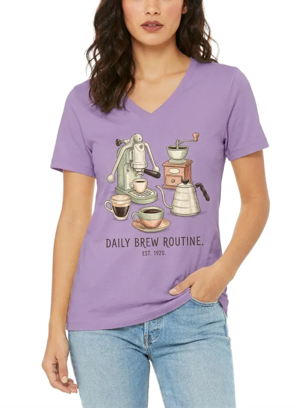 Women's Coffee Lover Daily Brew Routine Printed V-neck T-shirt