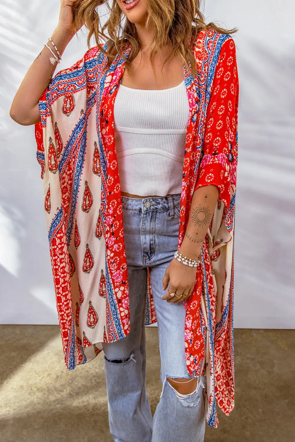 Swimwear Long Paisley Print Kimono Beach Cover Up