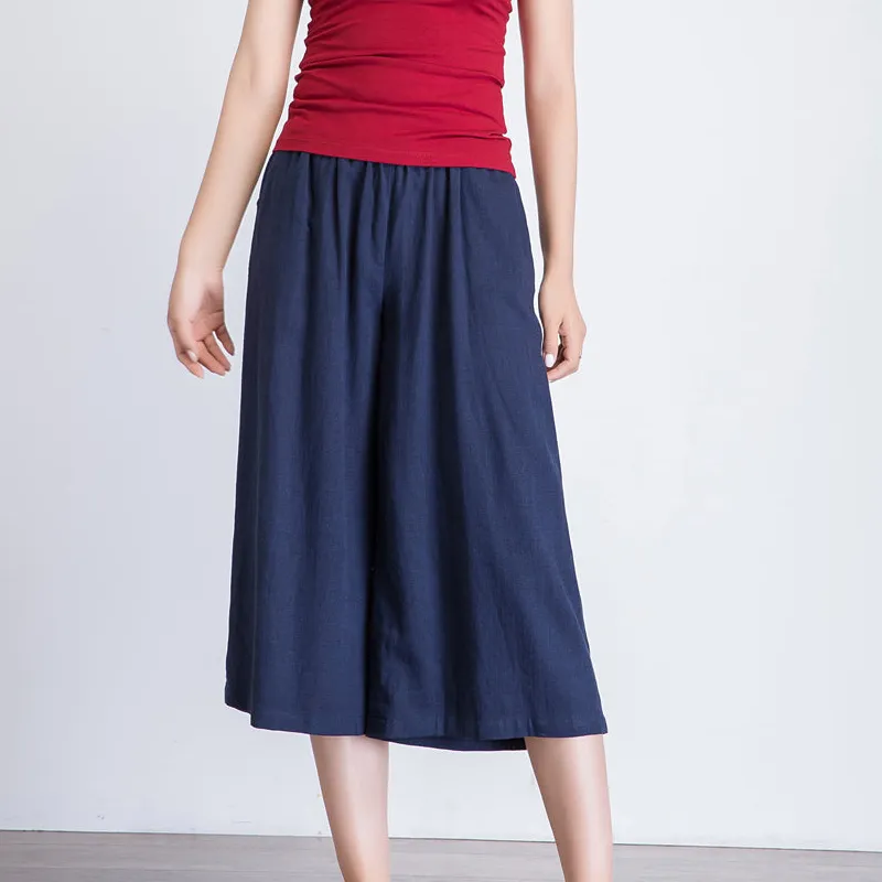 Linen Wide Leg Cropped Elastic Waist Pocketed Trousers