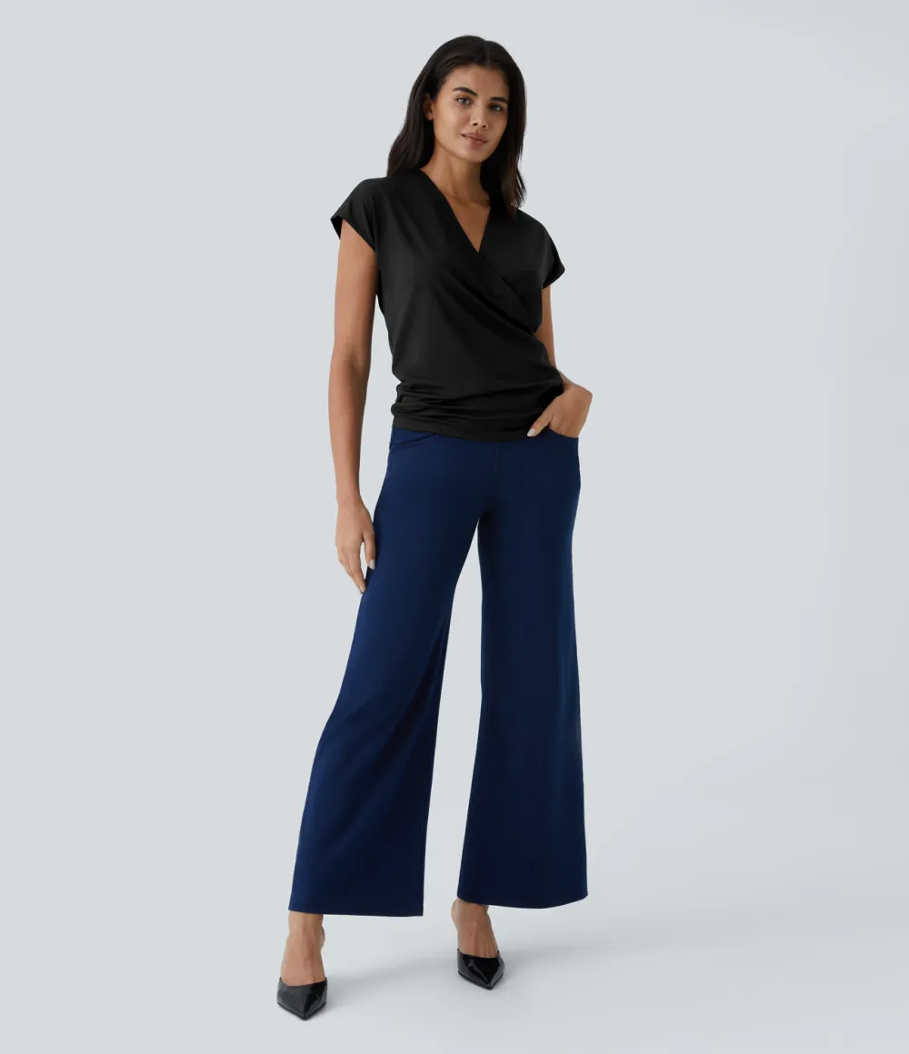 V Neck Cap Sleeve Crossover Ruched Solid Work Blouse
