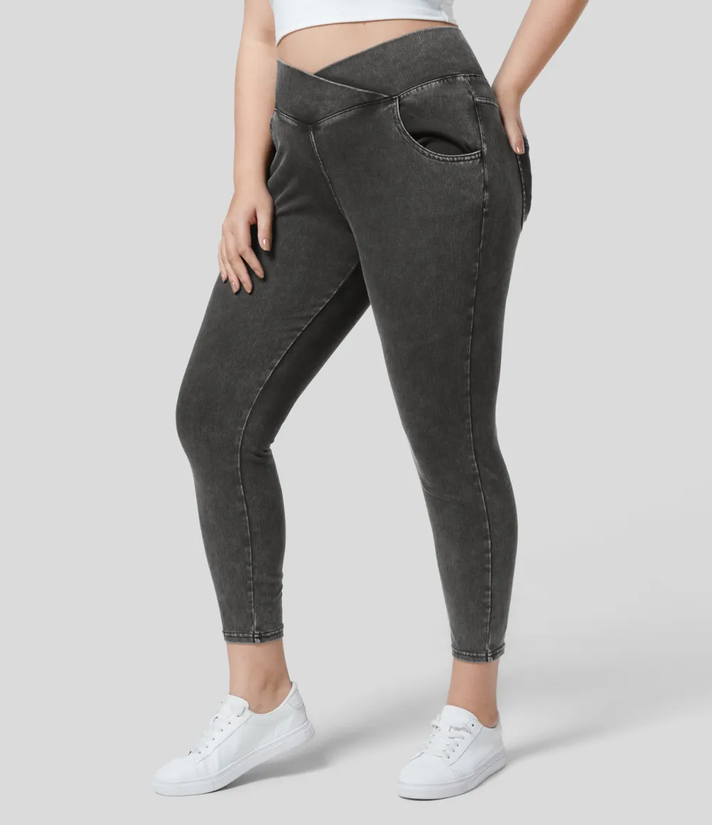 Magic High Waisted Crossover Multiple Pockets Stretchy Knit Denim 7/8 Plus Size Work Leggings