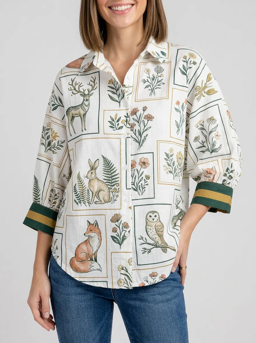 Women's Nature Lover Woodland Animal Floral Printed Button-up Shirt