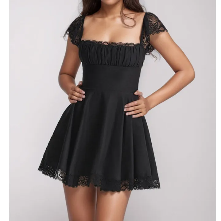 Lace Detail Square Neck Cap Sleeve Mini Dress