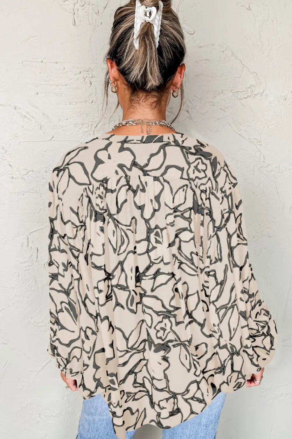 Gray Morn Floral Print Batwing Sleeve Buttoned Loose Fit Shirt
