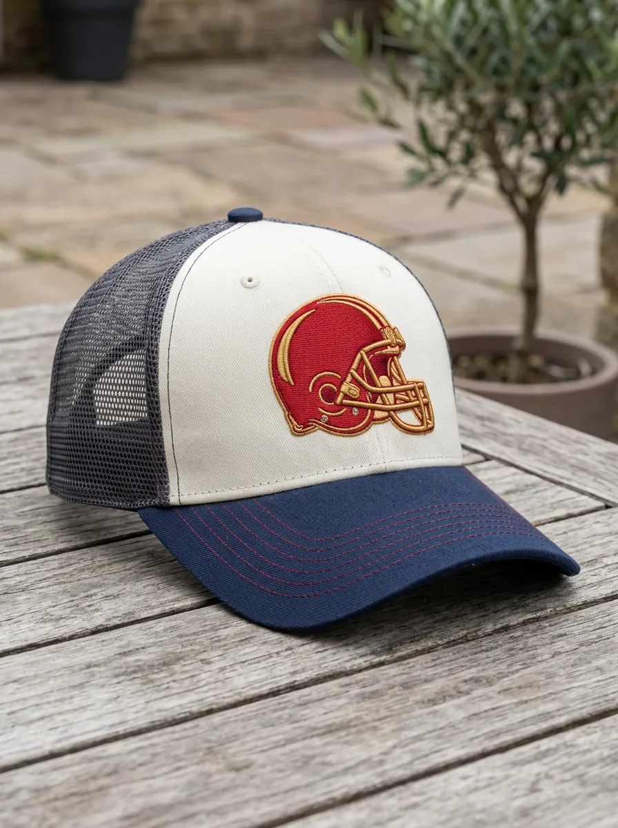 Men's Football Fan Red Helmet Embroidered Mesh Trucker Cap