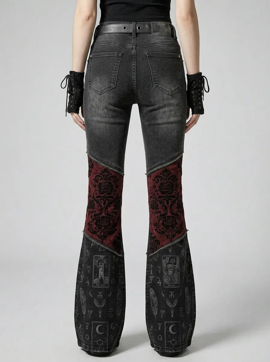 Dark Skull Rose Tarot Look Women's Gothic Flare Pants