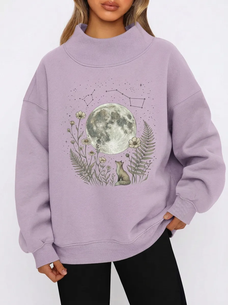 Women's Sage Green Celestial Fox Moon Floral Mock Neck Sweatshirt