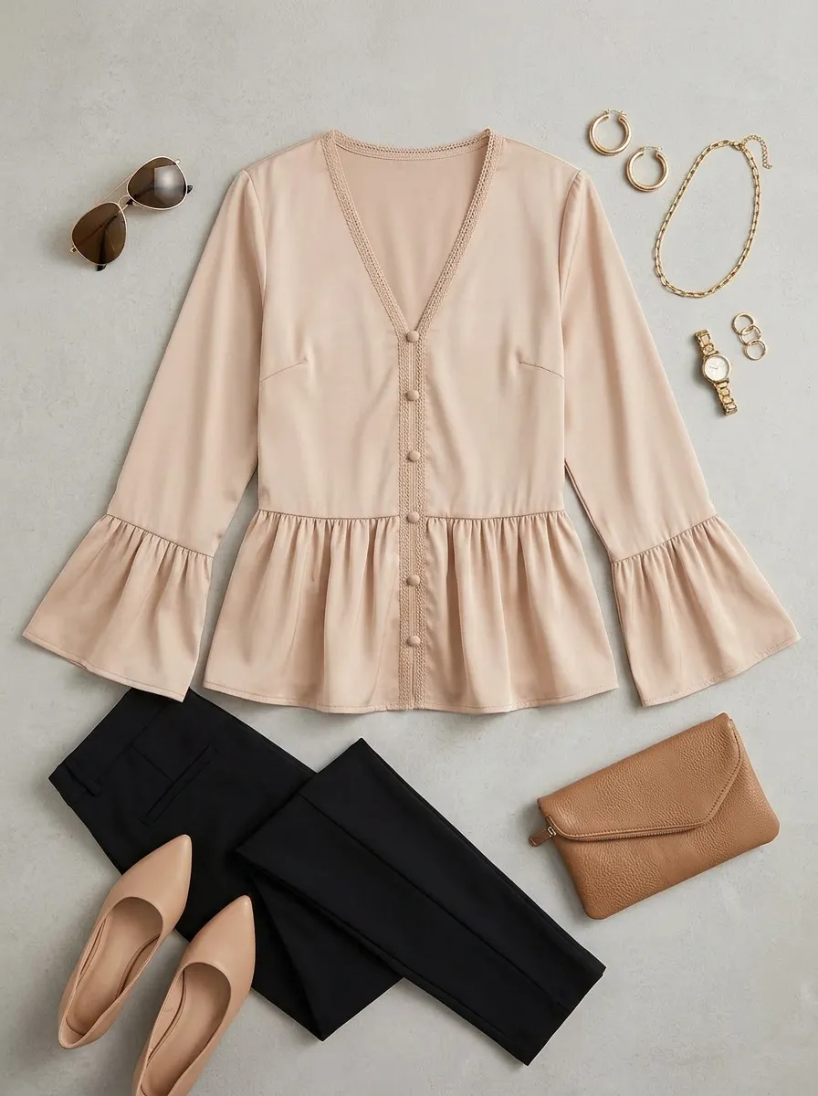 V-Neck Lace Trim Bell Sleeve Buttoned Blouse