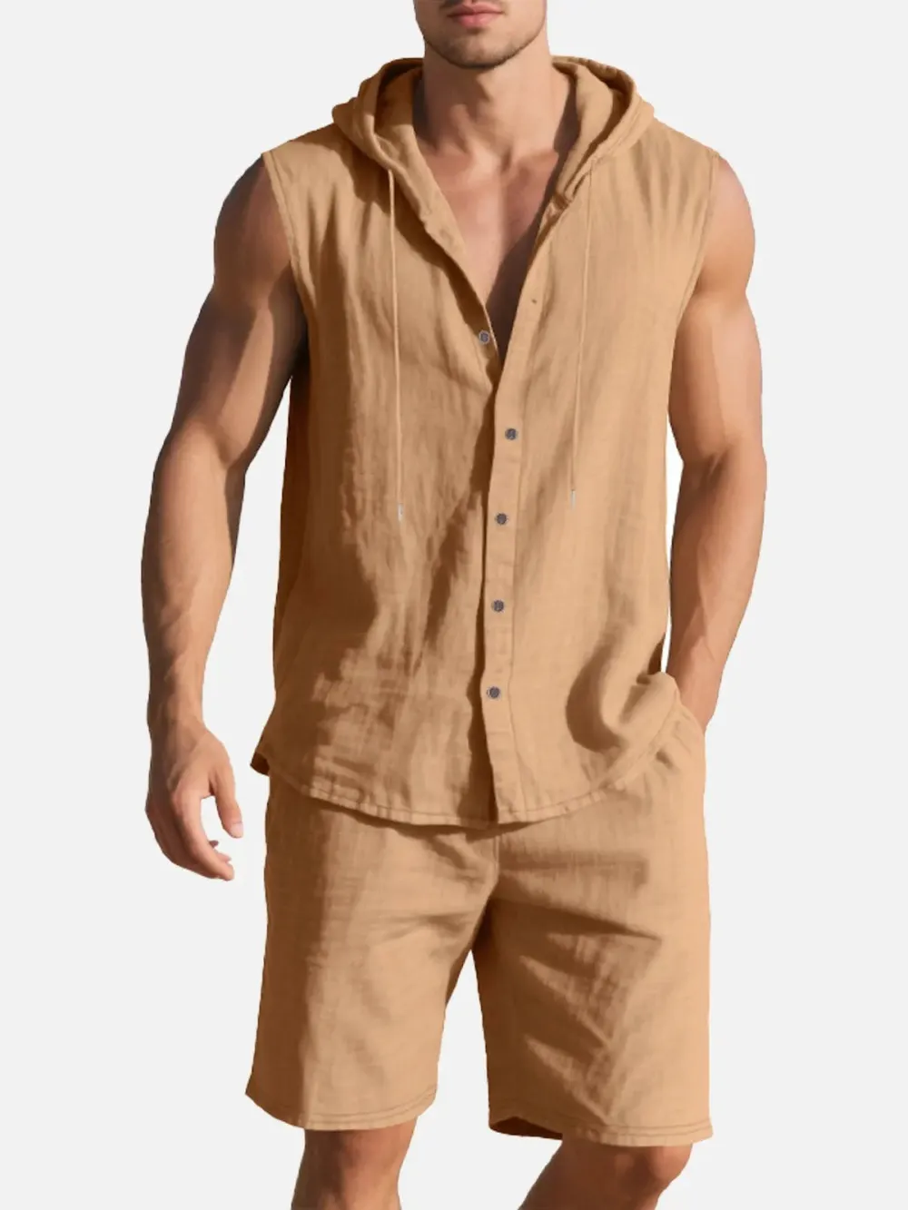 Linen Hooded Sleeveless Matching Set