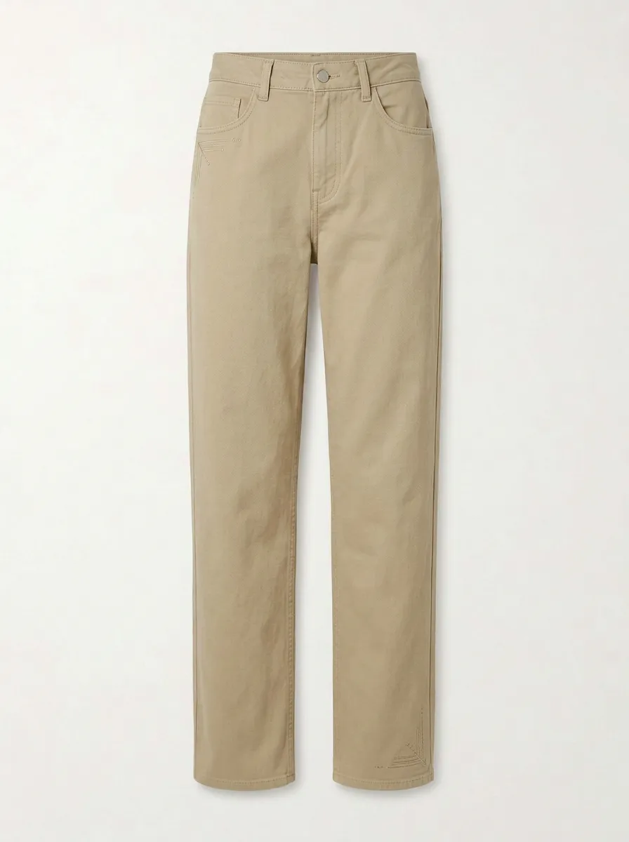 Women's Minimalist Khaki Embroidered Mid-Rise Straight Leg Pants